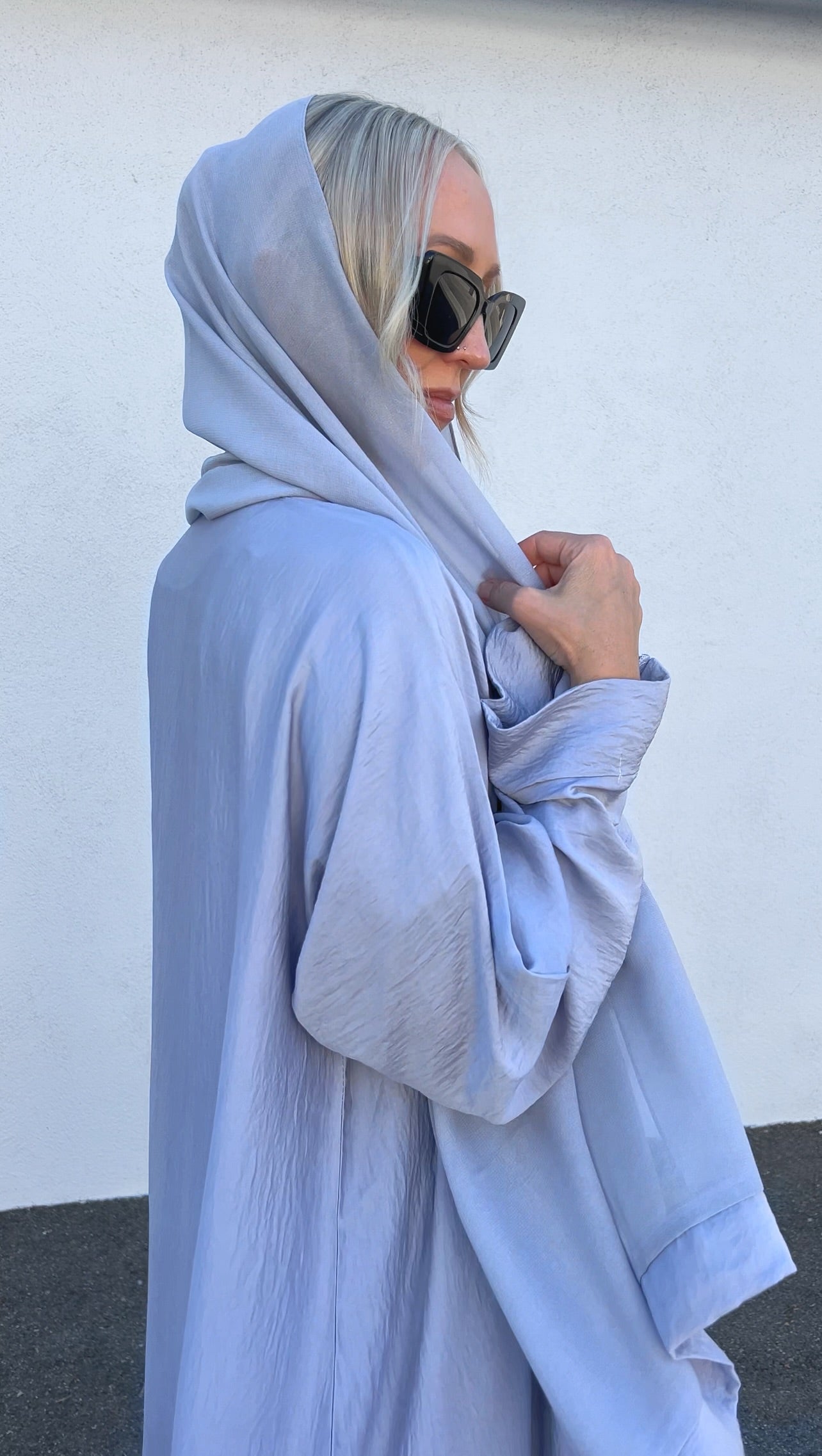 Dusty Blue Folded Collar Abaya 4 Piece Set