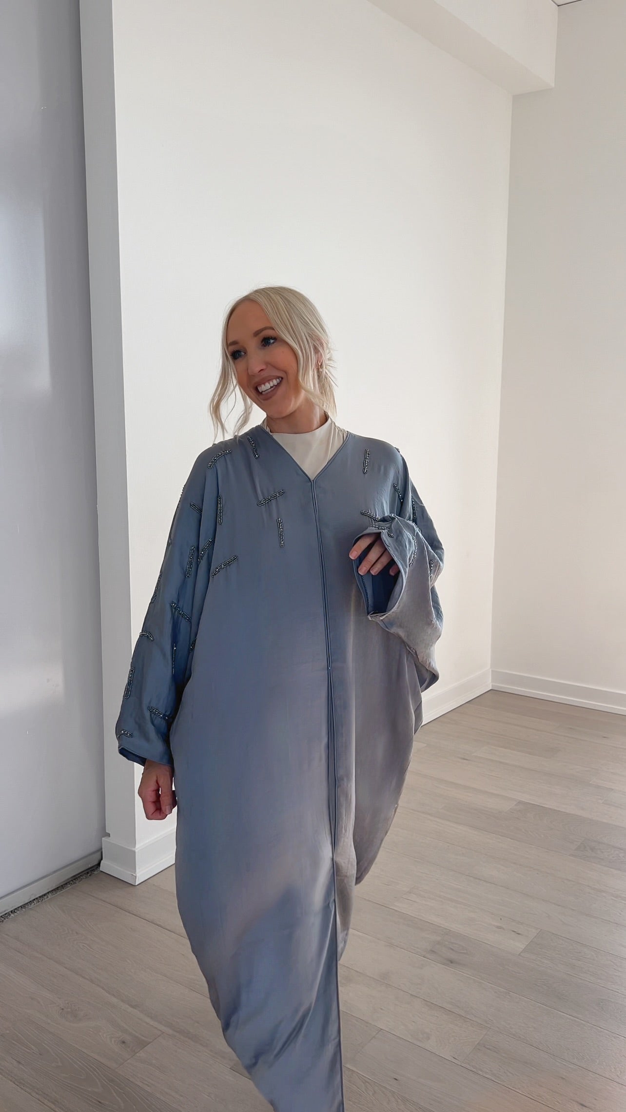 Dusty Blue Beaded Bat Wing Abaya + Hijab