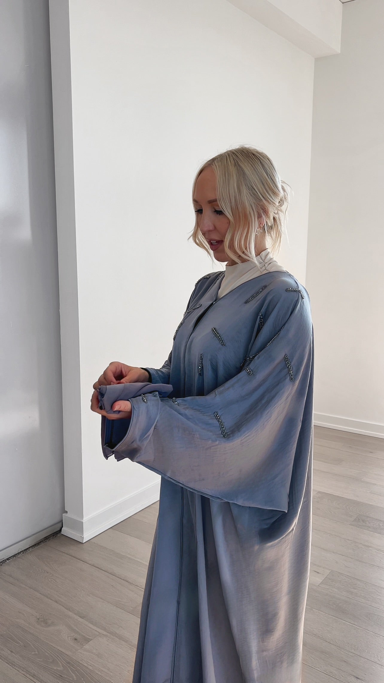 Dusty Blue Beaded Bat Wing Abaya + Hijab