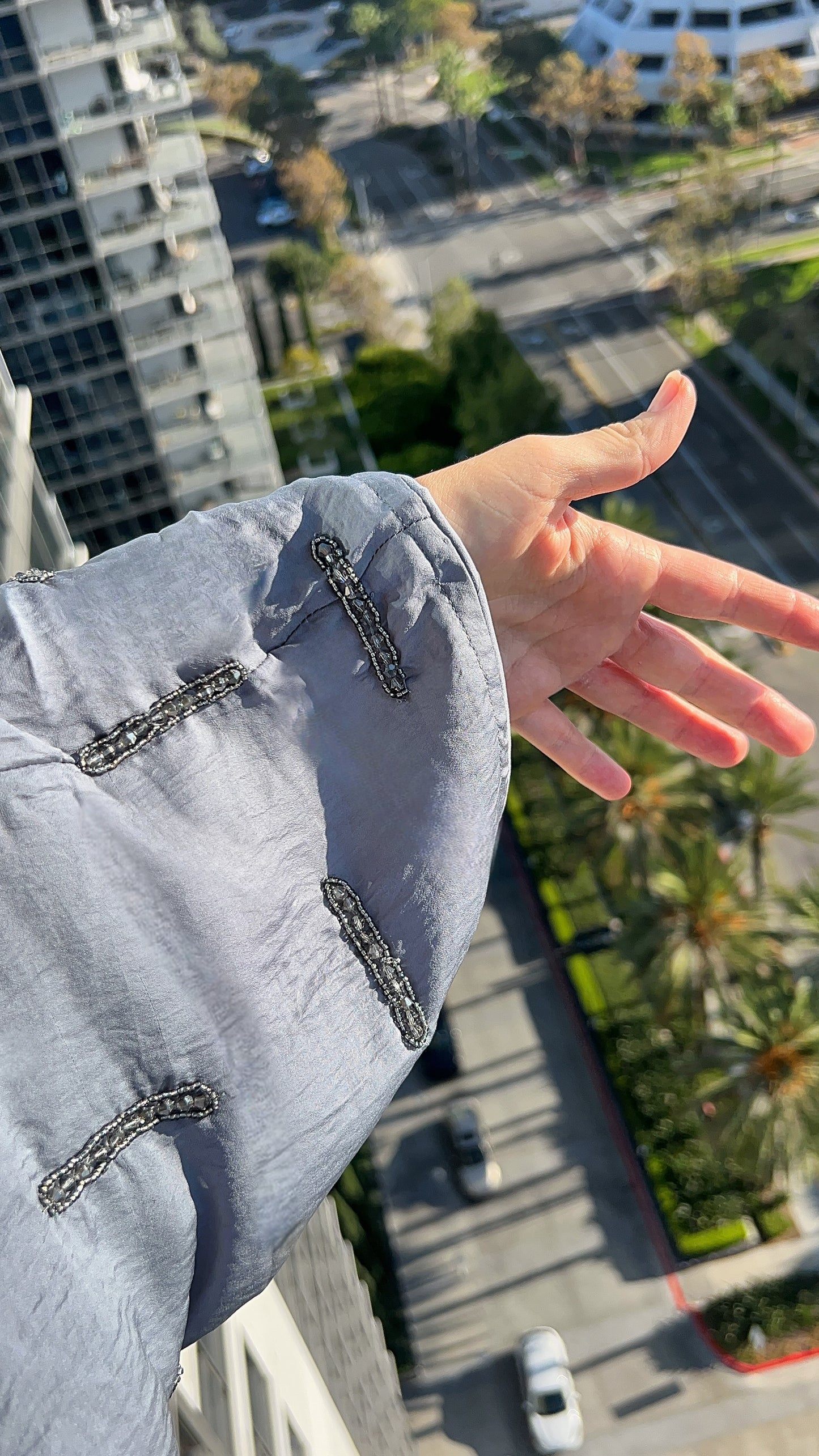 Dusty Blue Beaded Bat Wing Abaya + Hijab